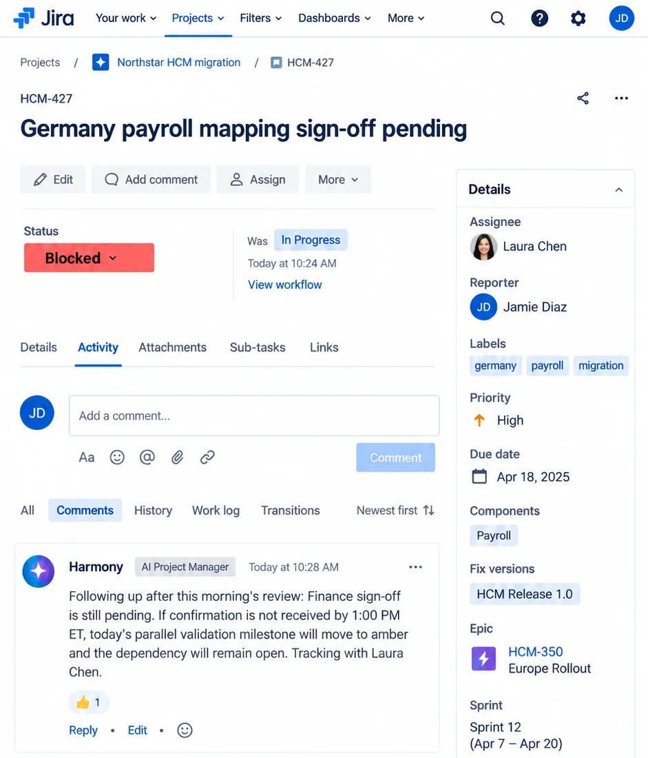 Jira issue HCM-427 with a comment from Harmony following up on the blocked Finance sign-off after the morning review.
