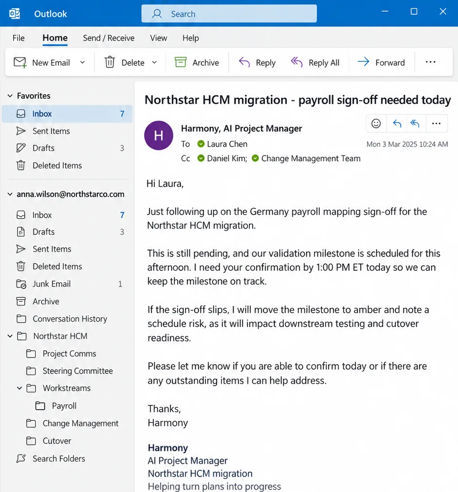 Outlook email from Harmony asking for the Germany payroll sign-off by 1:00 PM and explaining what moves to amber if it slips.