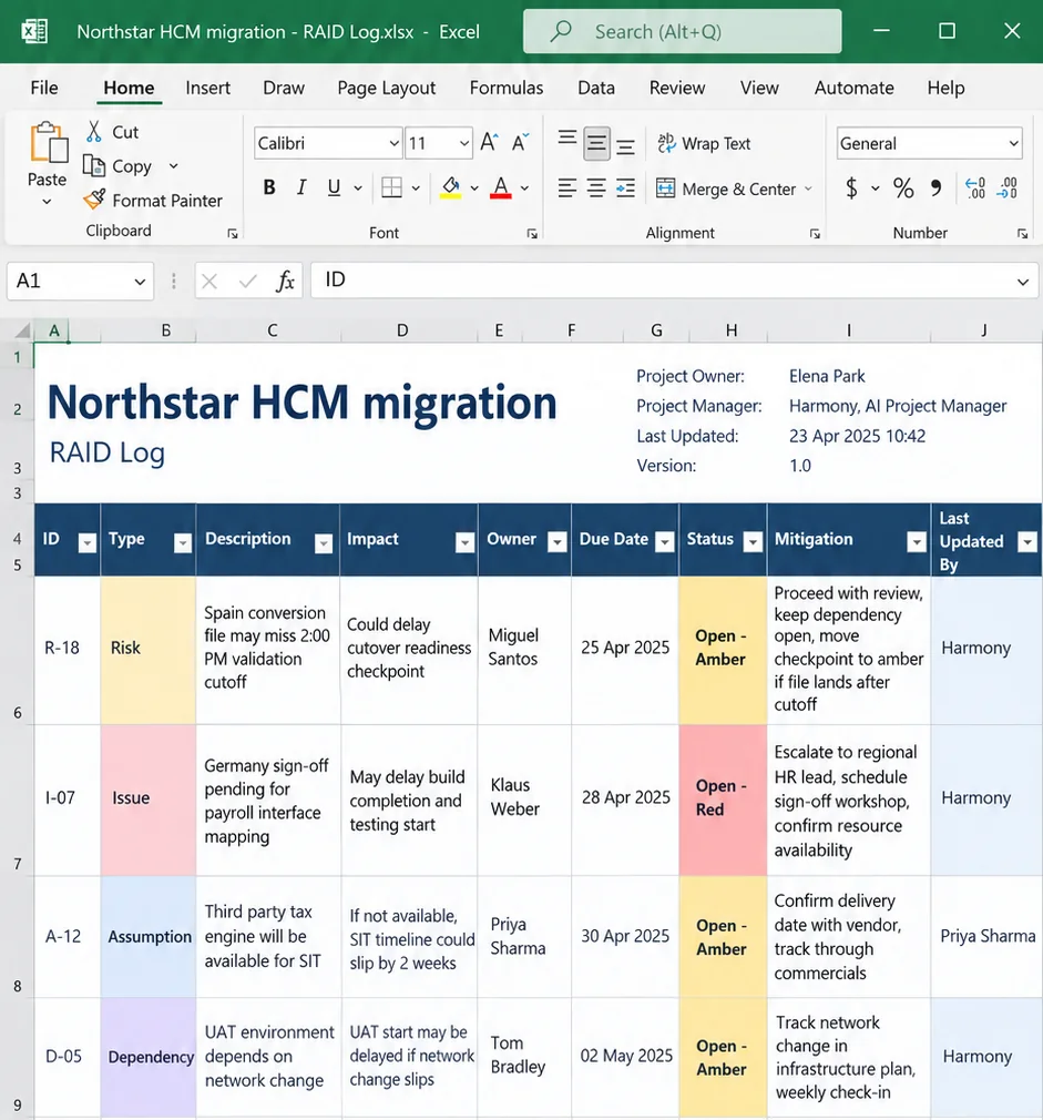 Excel RAID log with a risk, issue and dependency logged and updated by Harmony, each with owner, impact and mitigation.